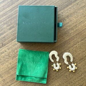 Susana Vega glass beaded silver and gold earrings with box and pouch